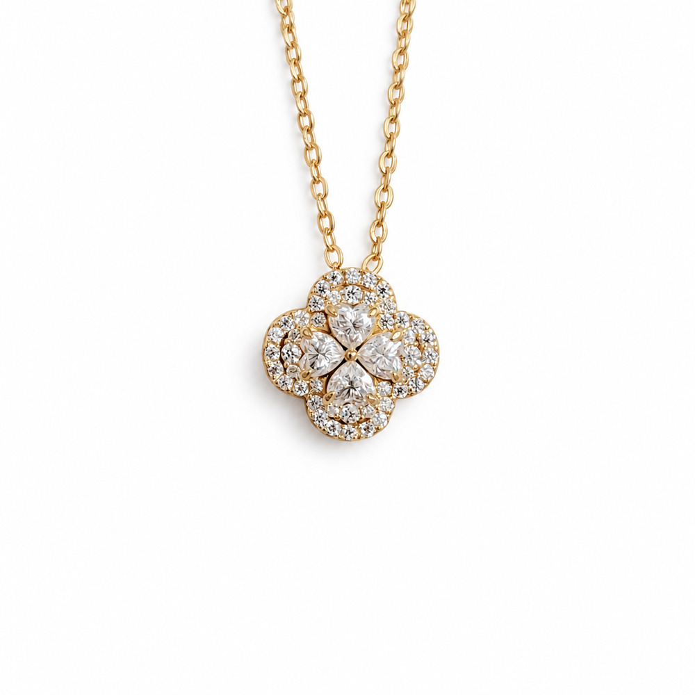 Four-Leaf Clover Moissanite Necklace 14K Gold-Plated 925 Sterling Silver